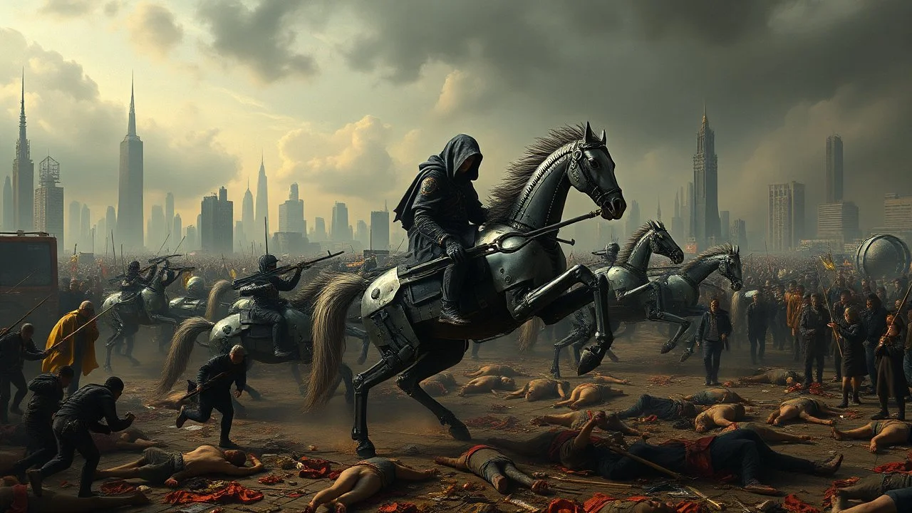 cyberpunk interpretation of Bruegel's "The Triumph of Death", capturing the symbolic "harvest" of humanity. this is terror. A dystopian metropolis under smog sky, where cybernetic grim reapers are executing physical harvest. Many of humans citizens killed an army of cyberwarrior androids and robots, panicking running people, many bodies lying on the ground. a cyber-death warrior in black hood with futuristic gun on a mechanical robot horse, thriller, detailed, cinematic