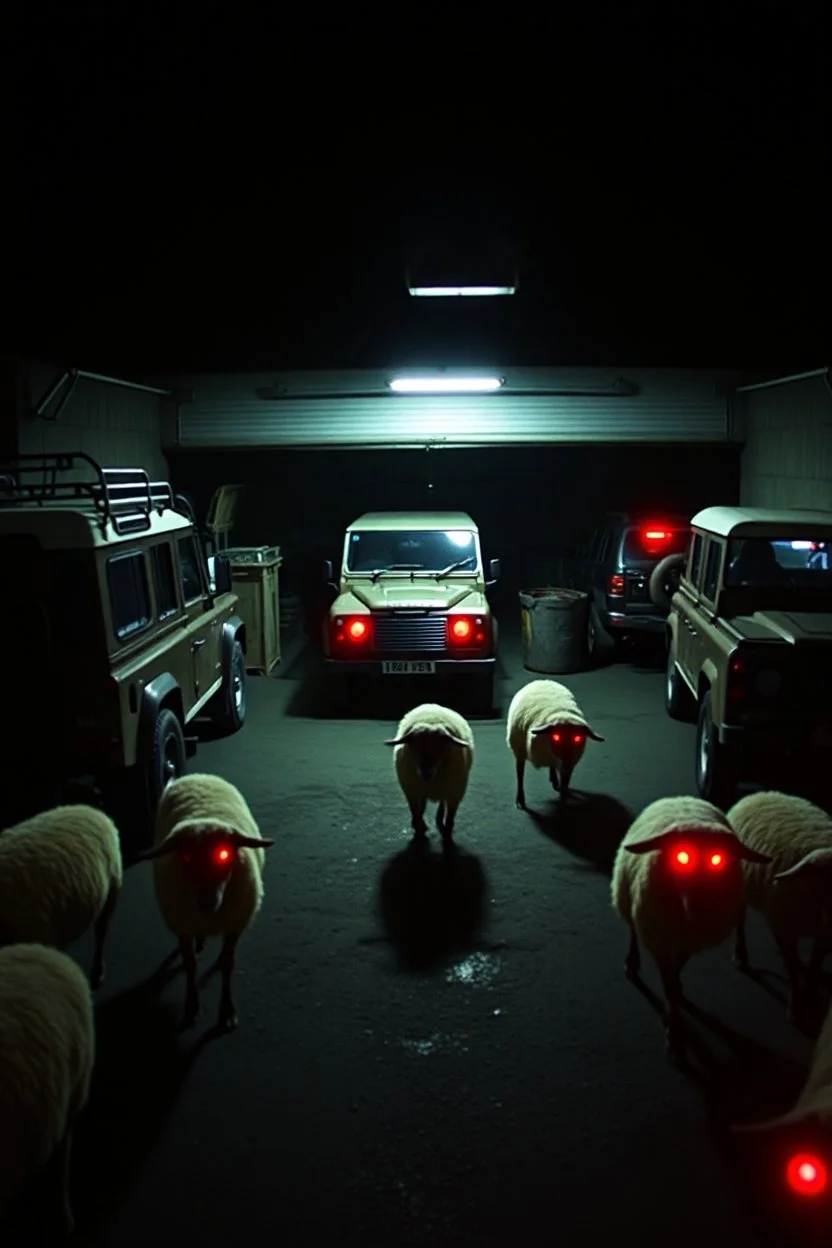 "Create a dark, low-resolution 'CCTV footage' using an old 80s Sony camera. The scene should depict a shadowy, clandestine garage where forbidden medical procedures are being performed on restrained patients. Surrounding the garage, there are several rugged Land Rovers, all while rabid sheep with glowing red eyes roam menacingly around. Add to the chaos with flickering lights, eerie shadows, and a sense of impending doom. The atmosphere should be tense, unsettling, and downright terrifying, with