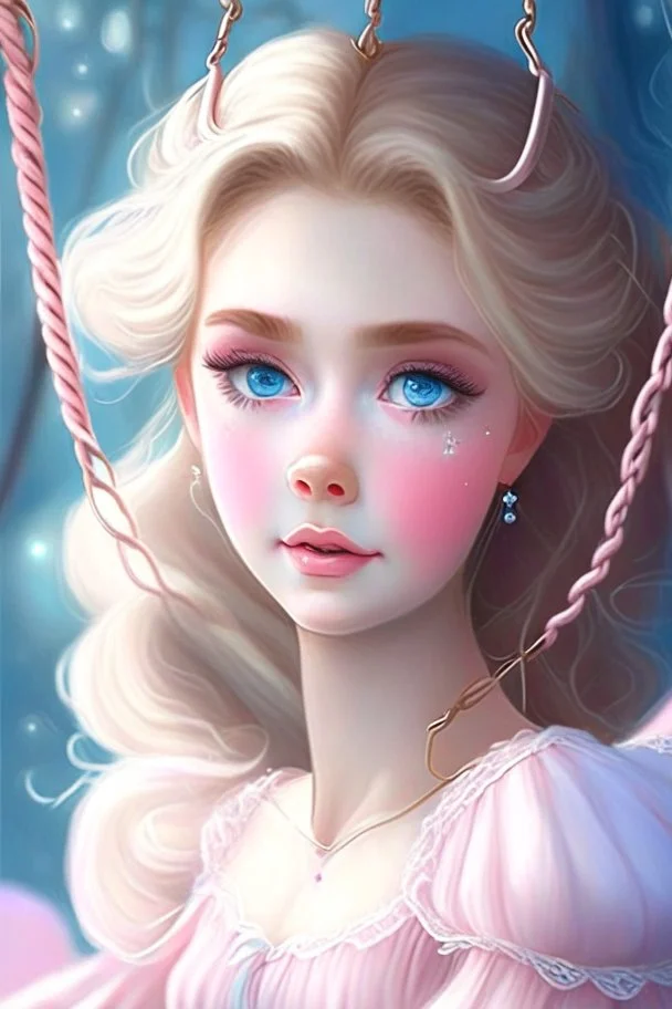 A very beautiful princess with a round face, wide blue eyes, a thin nose, a luminous face, and clear skin. She wears light pink makeup. She rides the swing and her hair flies.