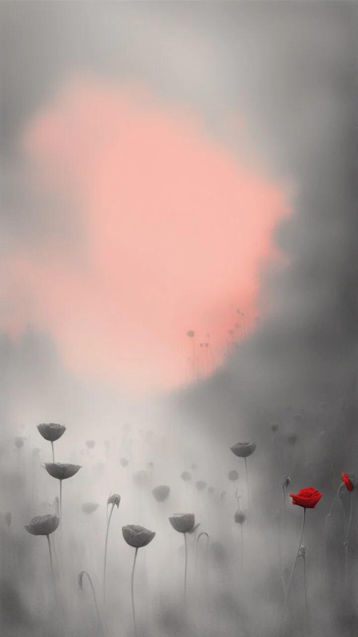 Bosch nightmares paining style Title:a field of poppies all colored in black and white, on red rose standing in the middle , 8k artistic photography, photorealistic concept art, soft natural volumetric cinematic perfect light, chiaroscuro, award-winning photograph, masterpiece, oil on canvas, Raphael, Caravaggio, Greg Rutkowski, people, beksinski, Giger