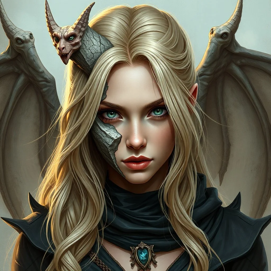 a portrait of an attractive blonde fantasy woman who is half human and half gargoyle, her face is partially made of stone, digital art