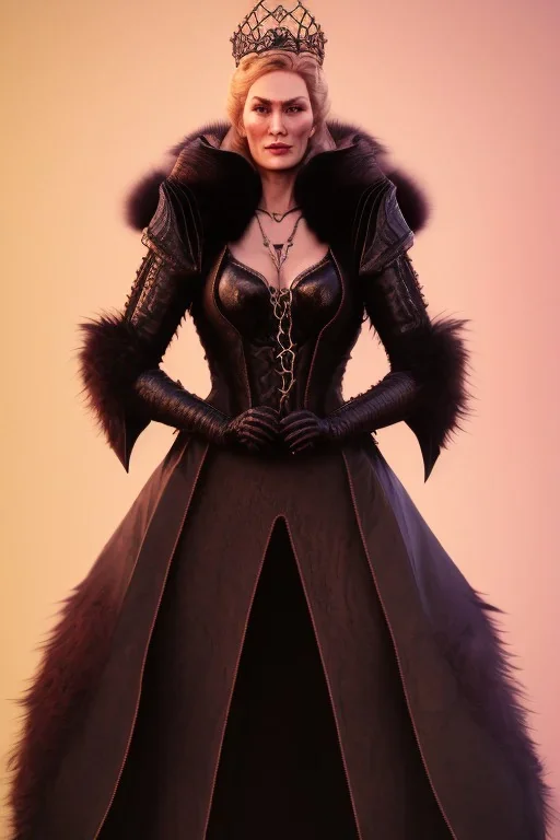 Cersei Lannister as evil queen in black leather and fur, busty, cleavage, curvy, lena headay, angry, stern look. character design by cory loftis, fenghua zhong, ryohei hase, ismail inceoglu and ruan jia. unreal engine 5, artistic lighting, highly detailed, photorealistic, fantasy