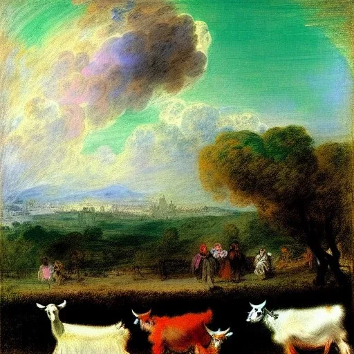 Neon colors with goats in the sky Jean-Antoine Watteau