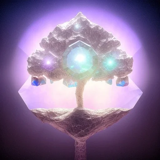 hedjuk,Tree of Life, crystal city crystalline in the sky, renderin, room, cosmic, opalescent, 100mm, opalescent, gemstones, crystals, object, other worldly,water, cristal rock ,bright, ice backg