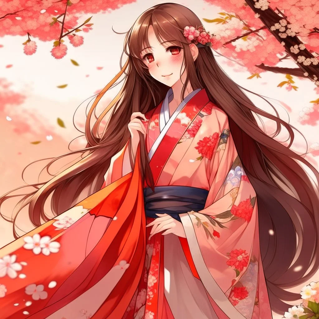 A beautiful anime girl in a Japanese kimono stands among cherry blossoms wearing long flowing hair