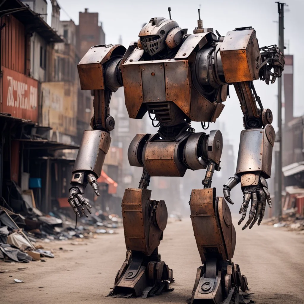 trash mech suit, human-sized, made of scrap metal, small, rusting