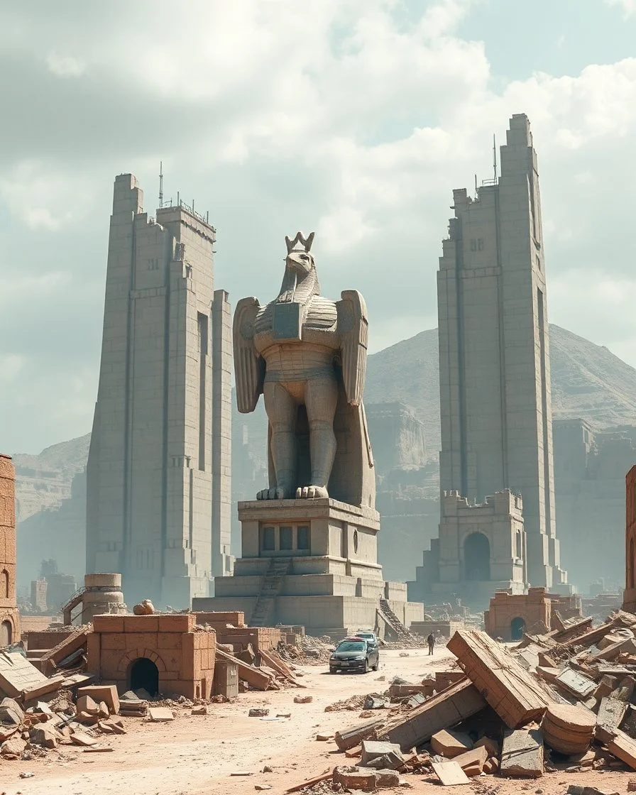 view of a futuristic the permanent in a post atomic catastrophic way, with lots of buildings in ruins, but still with the the status of phoenix" statue in Egypt intact