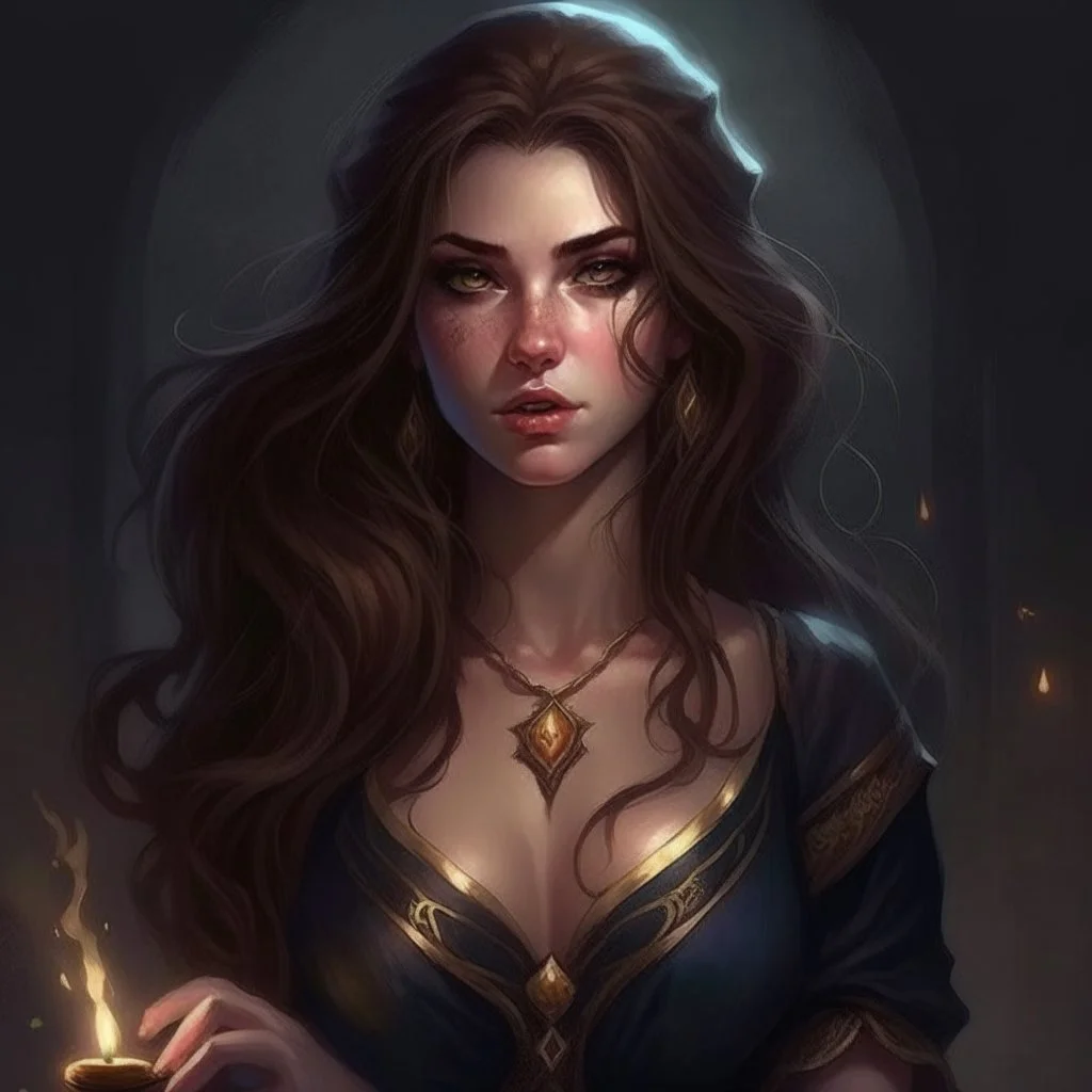 pretty girl, young, brown hair, conventionally attractive, tight top, curvy, fit, necromancer, sorcerer