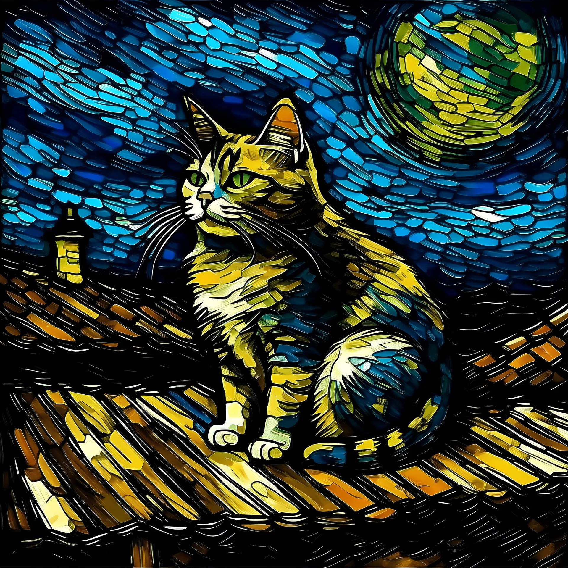 gatita tricolor arriba del techo mirando la luna llena al estilo van gohg