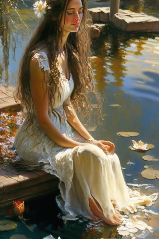 a beautiful woman with long brown hair in a romantic floral dress sits contemplatively on a pier, her feet in the water, white water lilies floating on the water extremely detailed intricate very attractive beautiful crisp quality Michelangelo Daniel Gerhartz in sunshine