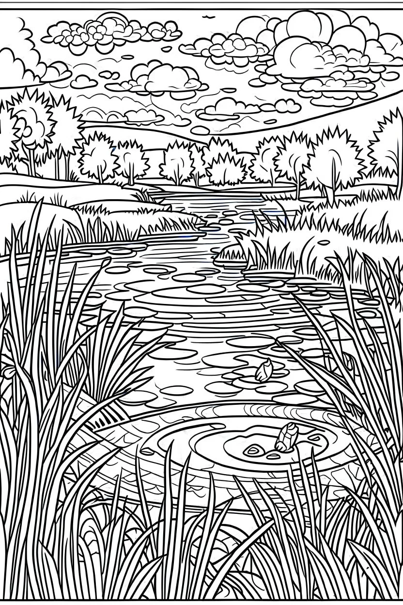 coloring page, pond in the field, cartoon style, thick lines, low detail, no shading