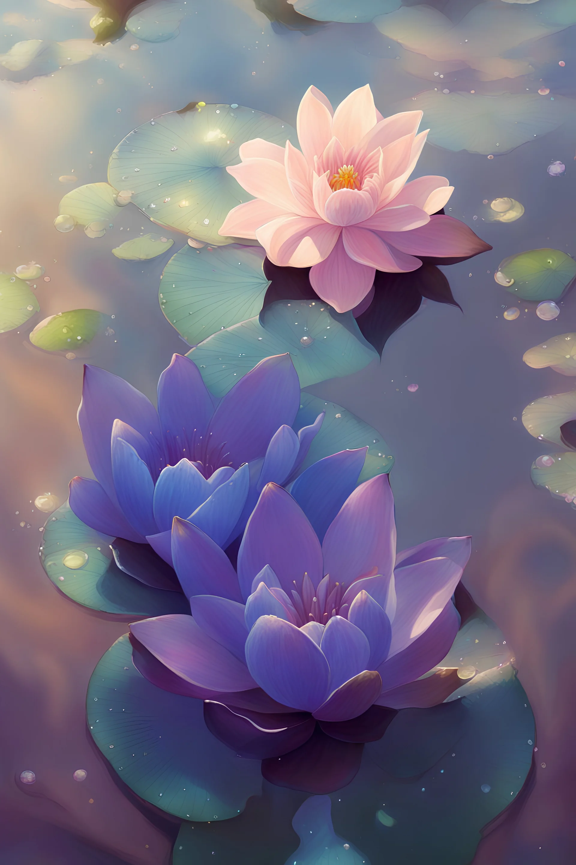 Waterlilies, waterlily, lilac, purple, dark green, green, sparkle,mystical,fairy frog,magical pond