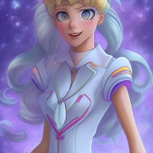 sailor moon con pelo largo i rubio, con traje blanco
