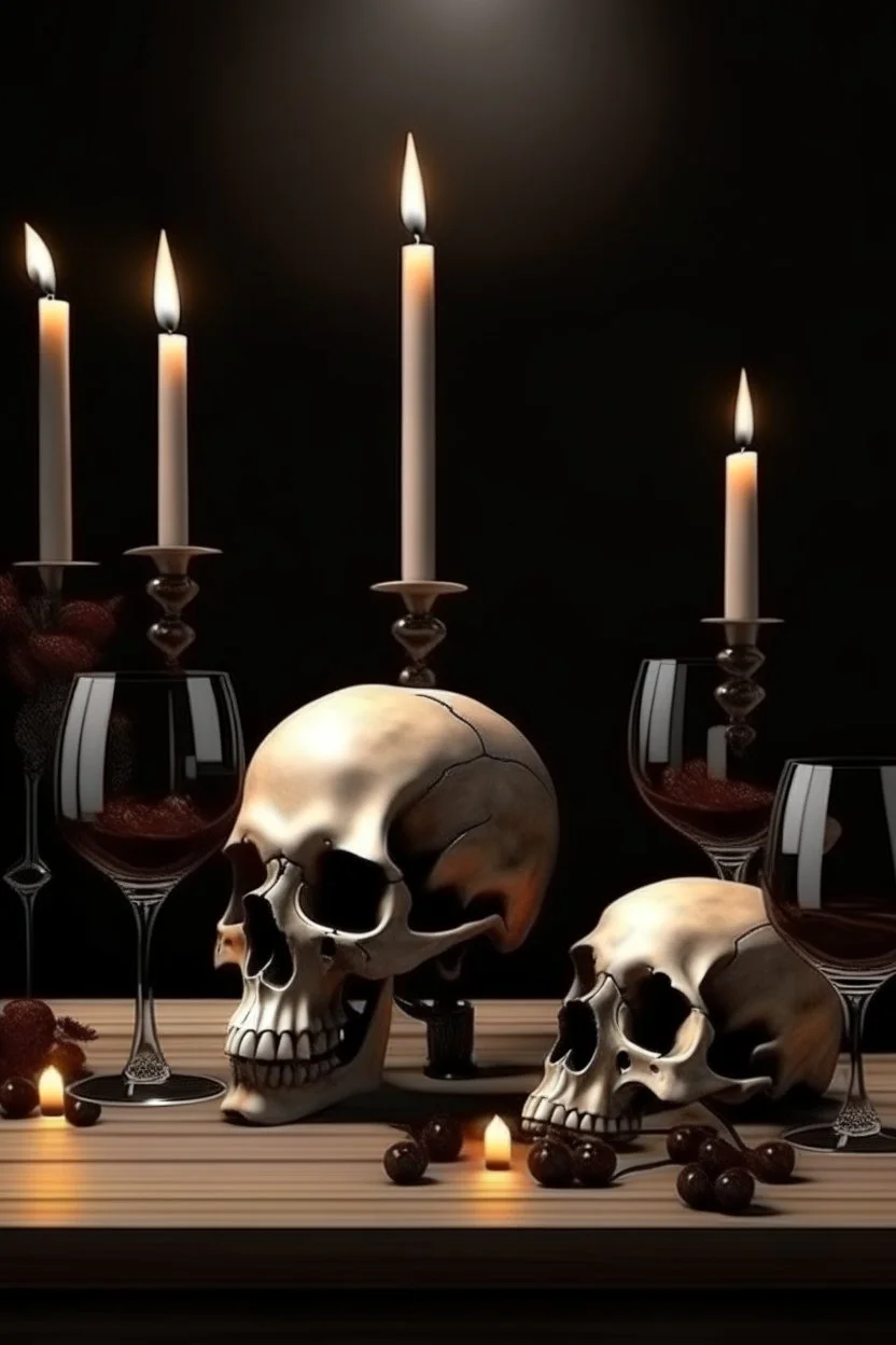 tavolo imbandito con teschio cervo, vino, candele stile realistico