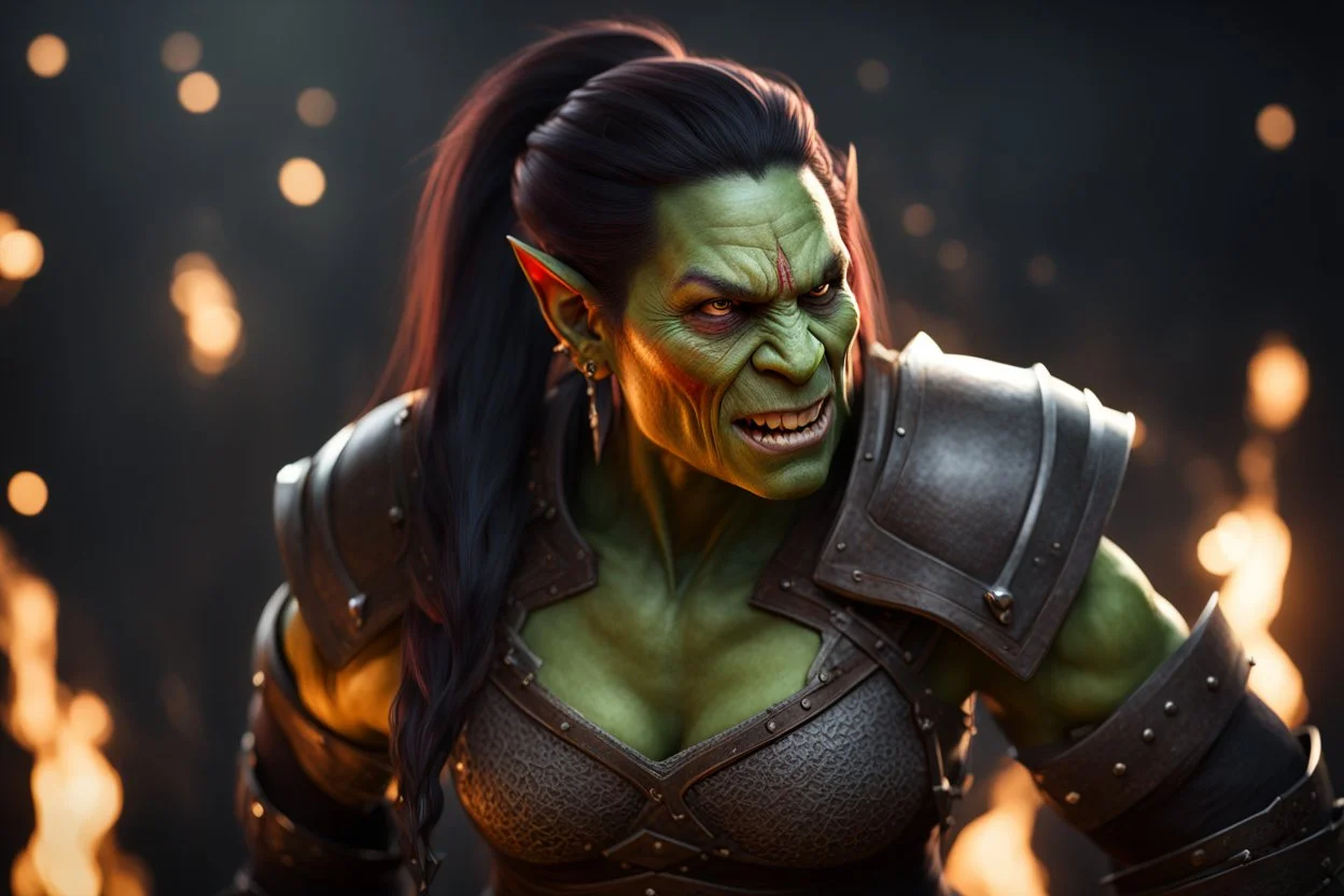 Fearsome female Orc, Frightening, Fangs, Cinematic lighting, Volumetric lighting, Epic composition, Photorealism, Bokeh blur, Very high detail, Sony Alpha α7, ISO1900, Character design, Unreal Engine, Octane render, HDR, Subsurface scattering