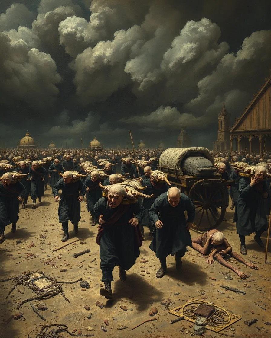 Bosch painting style, nightmare , a lot of people running scared dying because of the The Black Death was a bubonic plague pandemic that occurred in Europe , dead bodies are carried by wagons dramatic, great quality picture with cinematic scenes , heavy clouds in the background