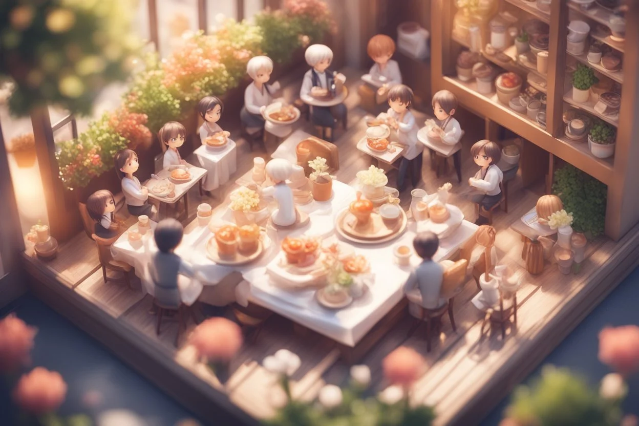 top view of a miniature restaurant scene with cute chibi anime guests and waiters, meal, flowers S<AI in sunshine, photorealistic, 3D, ethereal, cinematic postprocessing, bokeh, dof