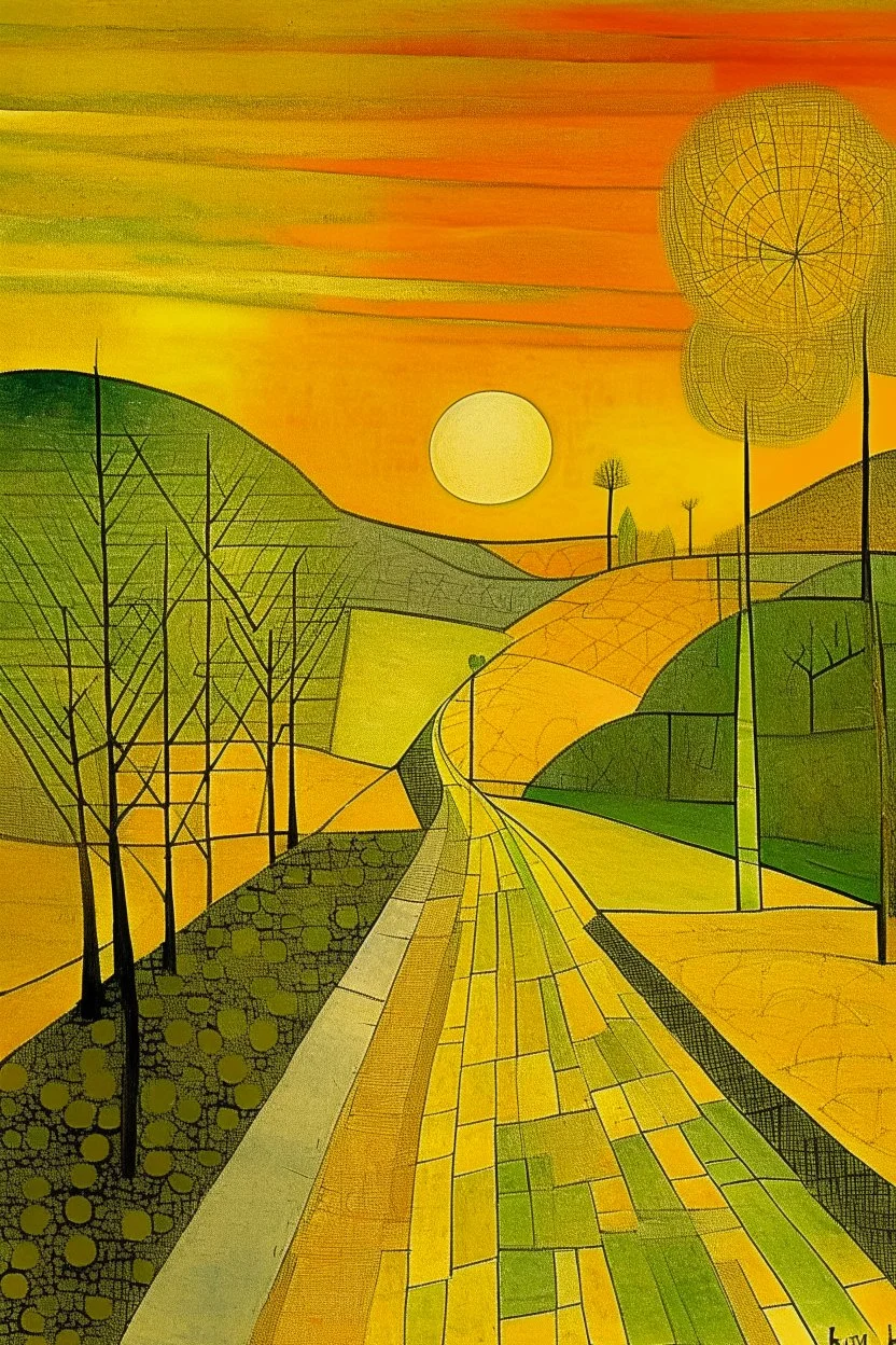 An olive yellow road near a glowing city painted by Paul Klee
