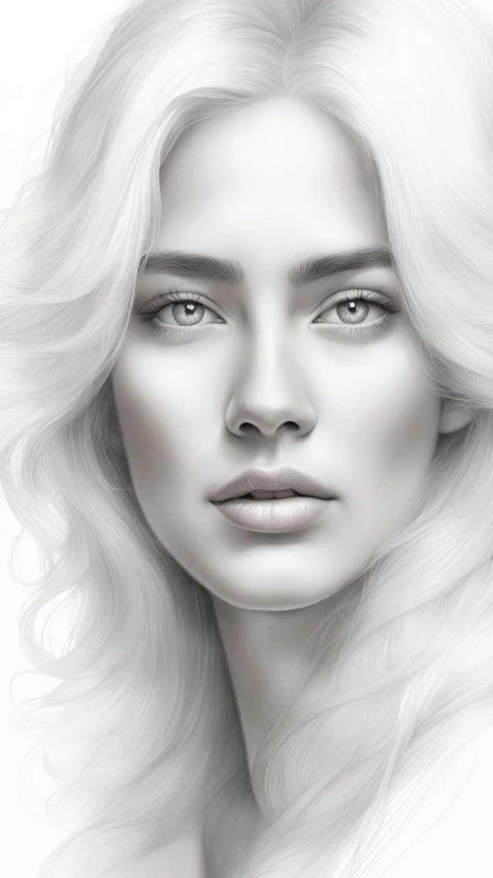 A beautiful face of woman all white skin, white eyes, white hair on a white background, pencil drawing style