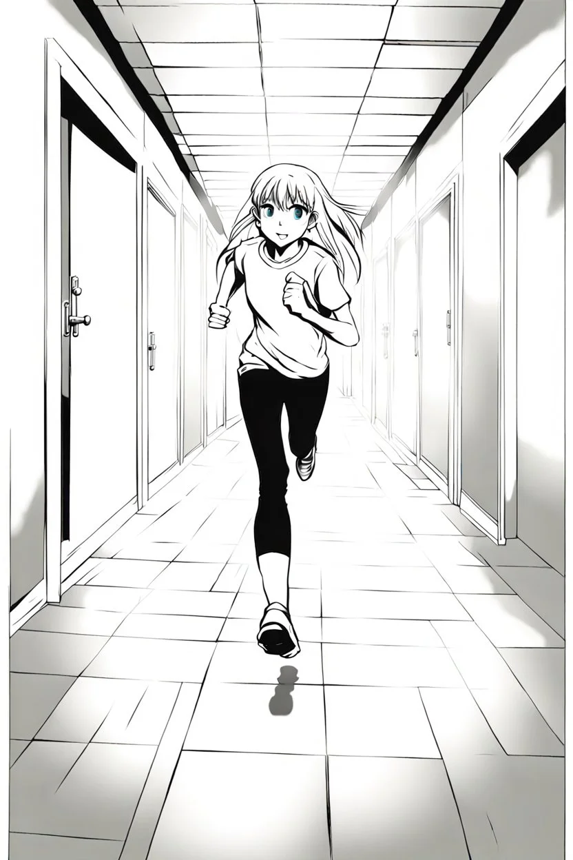 blonde girl runs in a corridor, line arts, manga style