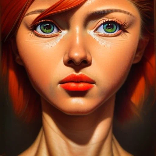 stunningly beautiful Alita woman, red to orange hair hyper realist, hyper detailed, intricate, awesome, masterpiece, trending on artstation, deviantart, perfectly centered subject, hyper realist shading lighting, greg rutkowski, magali villeneuve, artgerm, wlop, rossdrawsby Andy Warhol, by Camille Corot, by Frida Kahlo, by Katsushika Hokusai, Graphemes, Light Painting, Soviet Art, Technicolor