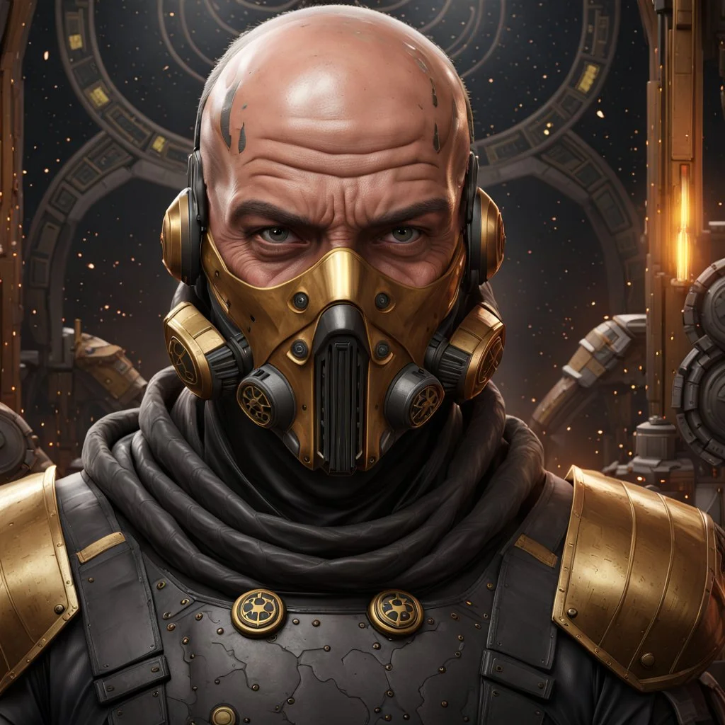 star wars bald male corellian pilot wearing pearlescent black and gunmetal grey First Order special forces heavy assault stealth commando armor and helmet with gold trim inside the jedi temple, hyperdetailed, dynamic lighting, hyperdetailed background, 8k resolution, volumetric lighting, light skin, fully symmetric details