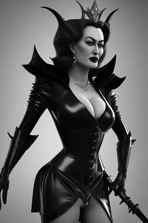 Joan Crawford as evil queen in black leather, busty, cleavage, dominatrix, curvy, angry, stern look. unreal 5, octane render, cinema4d, dynamic lighting, dramatic lighting, 4k, redshift render, highly detailed, hyper realistic,anthropomorphic black wolf long