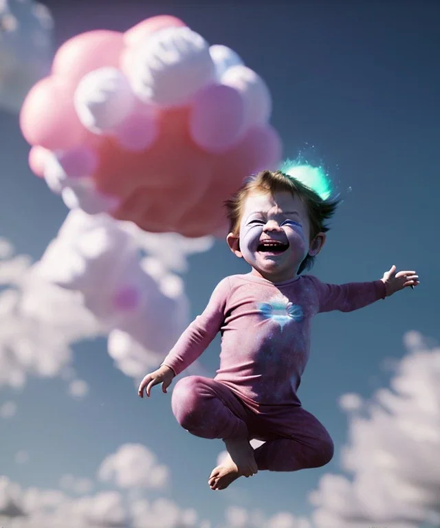 Ultra realistic clouds sky scene, wide angle, medium shot view, portrait, sweet Child, free jumping flying, trinkets, hair monster, jelly beans, balls, smile, happy, Peter Pan style, inflatable color clothing, extreme, wind, clouds sea, 20,000 feet altitude, stratosphere, soft color, highly detailed, unreal engine 5, ray tracing, RTX, lumen lighting, ultra detail, volumetric lighting, 3d, finely drawn, high definition, high resolution.