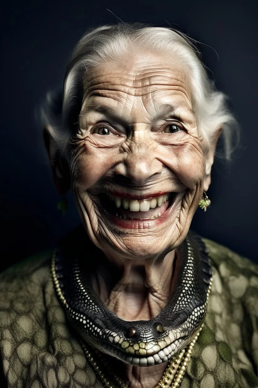 Old woman with a smile like a friendly alligator