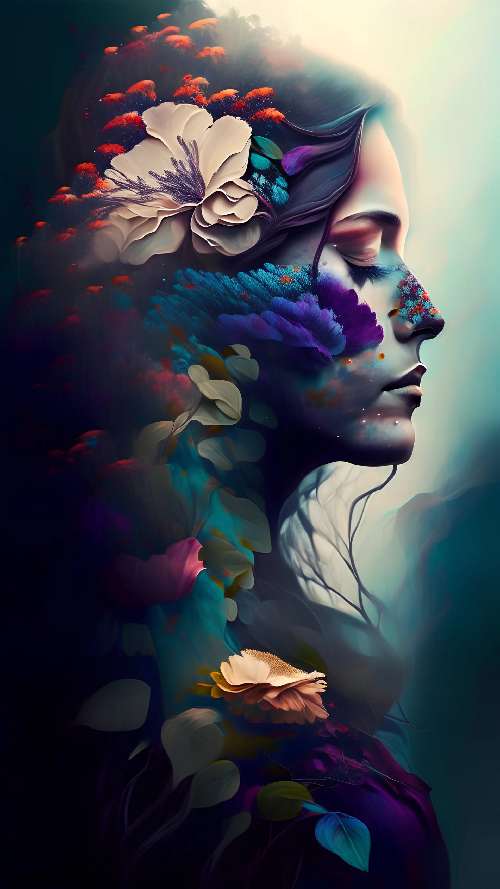 mother nature in a form of a beautiful woman, side portrait , a lot of flowers, very smooth colors, high contrast, fog