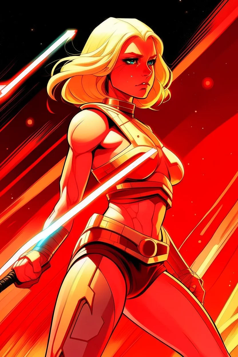 A blonde space warrior woman with a curvy figure, wearing a red bikini and wielding a laser sword