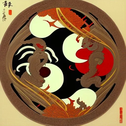 Ukiyo-e Style , ying and yang sign, with full details, full HD