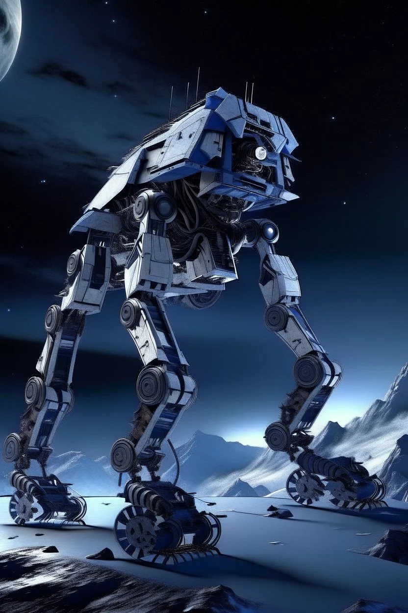 I want an image of a eight legged mechanical walker mech scaling the side of mout everest at night, it has a smooth surface