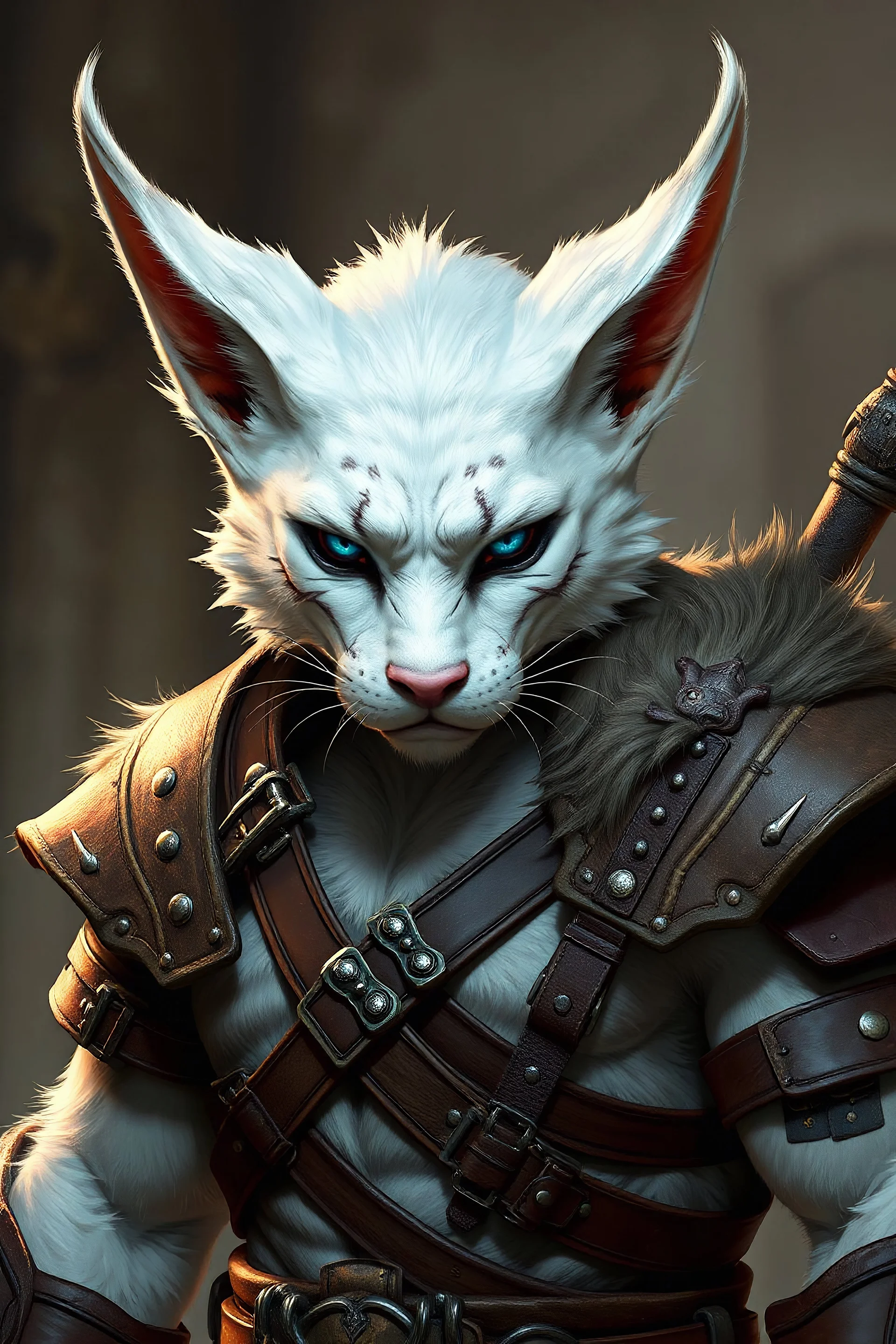 full body picture of a fierce Tabaxi male character from D&D, he young 20s, he has white short hair, blue eyes, he has pure white fur covering his body, corded muslce wearing leather armor ultra HD, realistic, vivid colors, highly detailed,