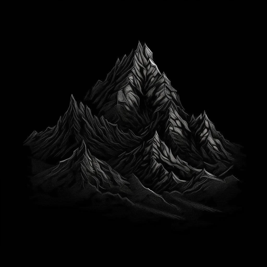 draw a detailed black mountian with black background