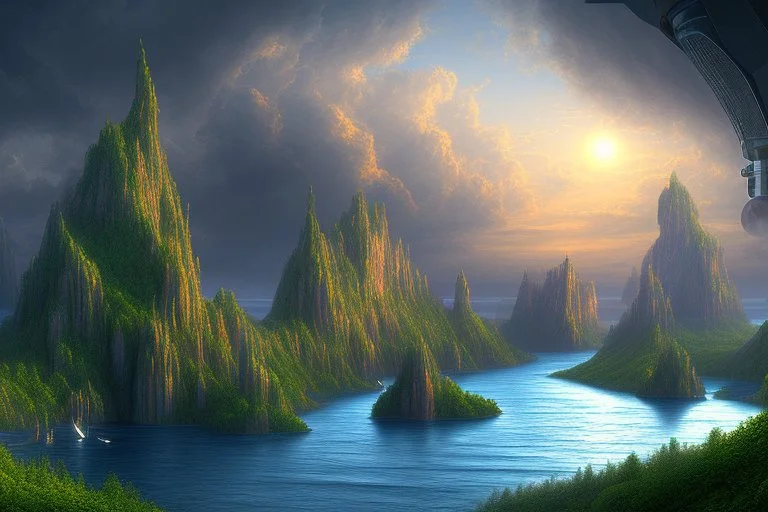 Clouds, cliff and lagoon, science fiction landscape