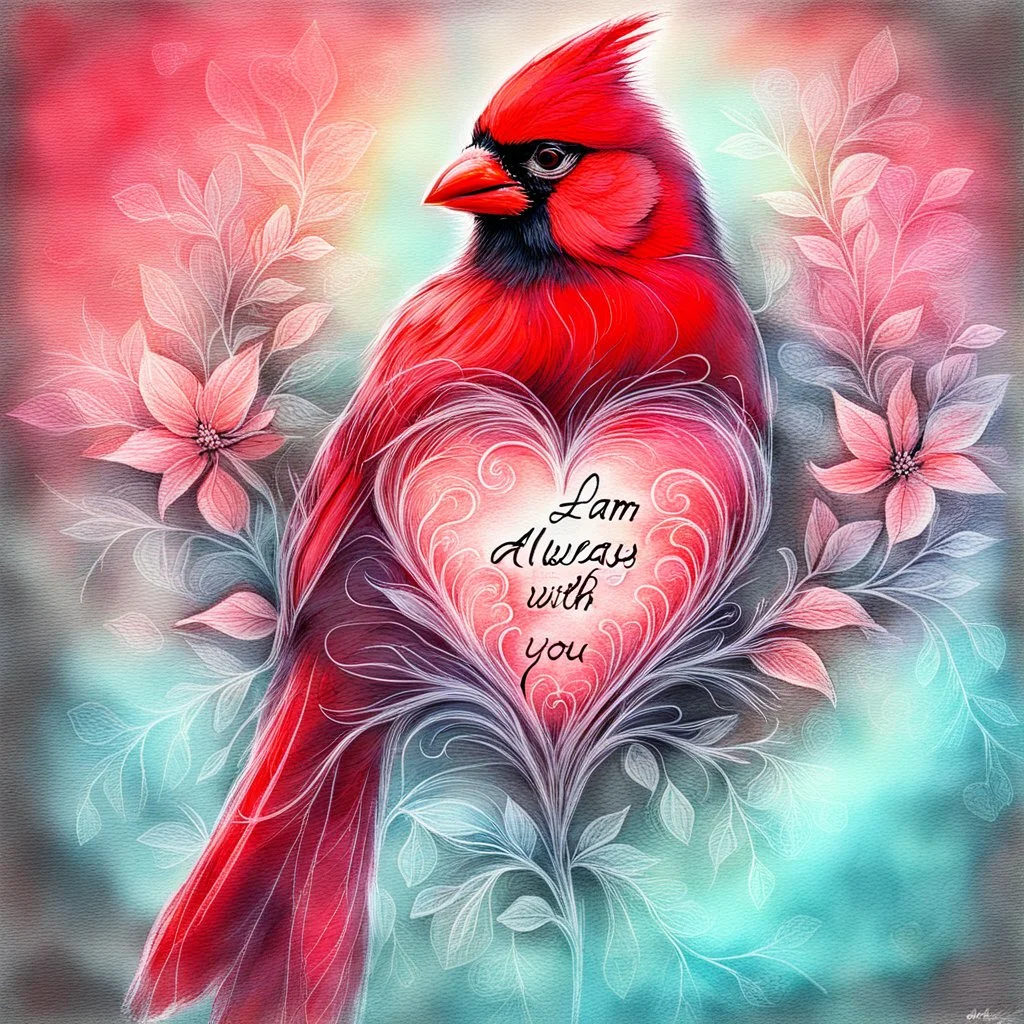 Bing: a vibrant digital chalk sketch painting featuring a double exposure image of a beautiful majestic red cardinal, ultra-detailed, within the body of the cardinal is a heart with the words "I AM ALWAYS WITH YOU" in a beautiful script