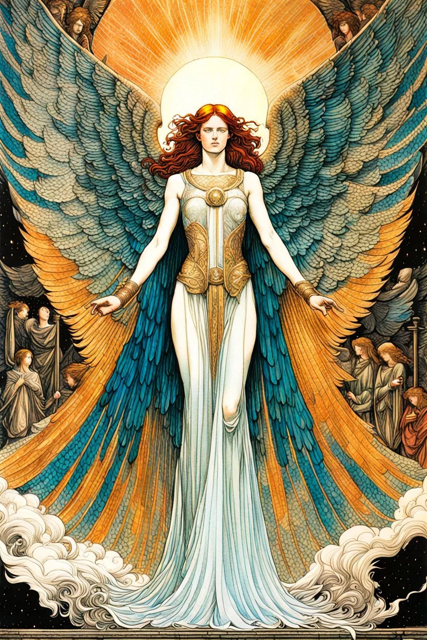 create a deeply evocative, ethereal, darkly magical lithograph illustration of an epic fantasy avenging angel with highly detailed and deeply cut facial features, large outstretched wings, body covered in feathers, in the style of EDWARD BURNE-JONES, WILLIAM MORRIS, and KATHE KOLLWITZ combined with the comic art style of BILL SIENKIEWICZ and JEAN GIRAUD MOEBIUS, searing lines and forceful strokes, precisely drawn, inked, and richly colored