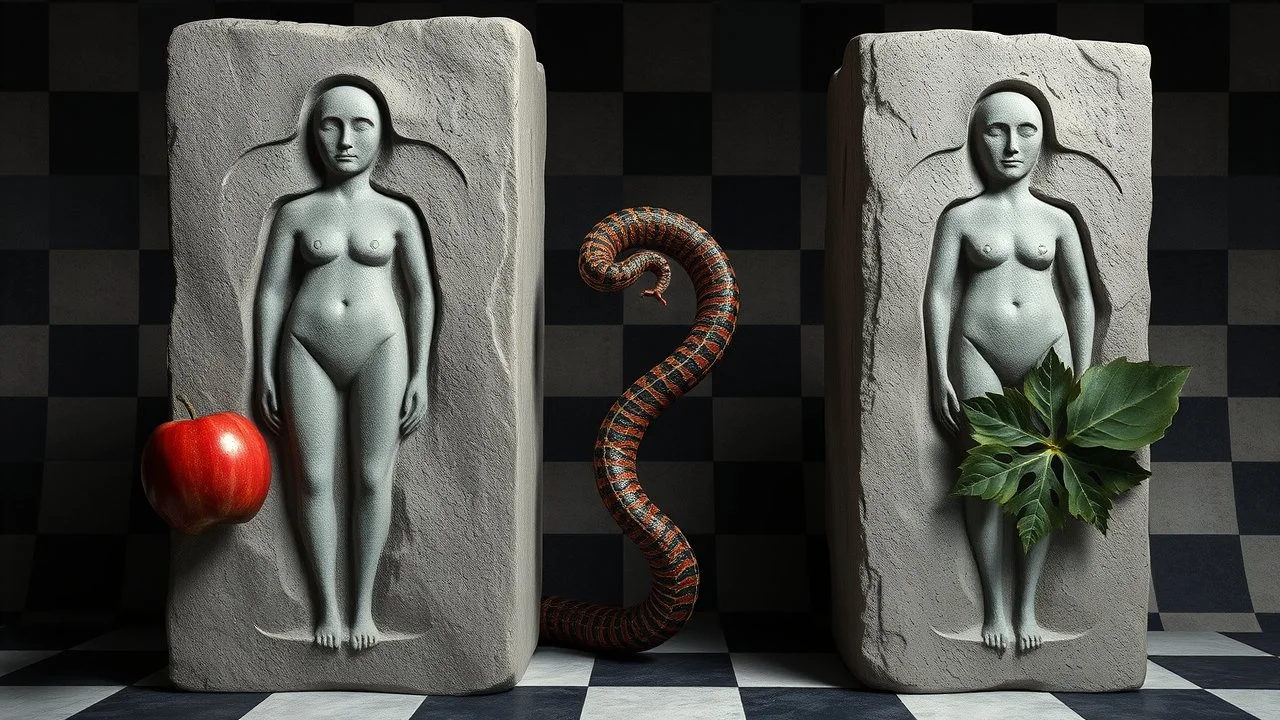 The image features two large stone-like structures with abstract human forms carved into them. A serpent, characterized by its red and black coloration, slithers between the two figures. One side includes an apple, and the other displays a leaf, adding organic elements to the otherwise rigid and surreal setting. The background consists of a checkered pattern, enhancing the surreal and artistic quality of the scene.