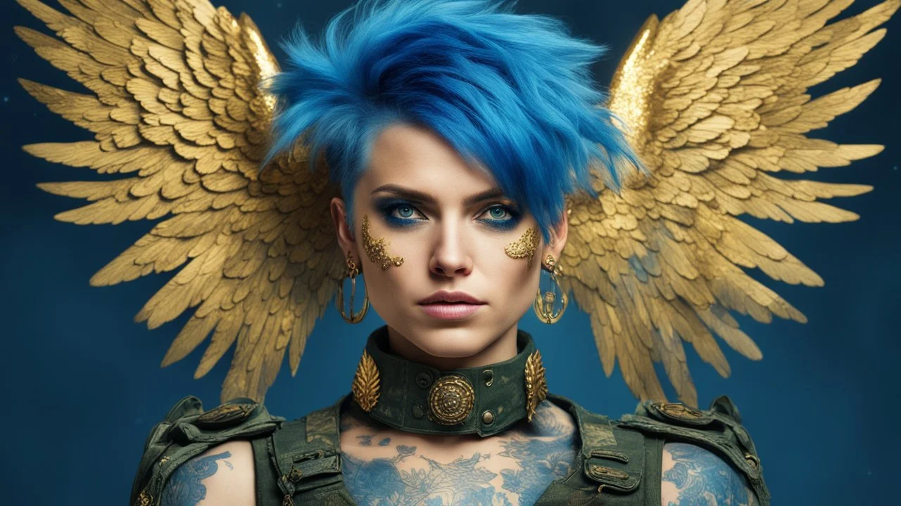 beautiful Punk woman Angel 30 years old, military clothing, mystical, bright colors, creative hairstyle, tattoo, piercing, photorealistic image, military, camouflage clothing, gold, blue, sparkles, fine rendering, high detail, 8K