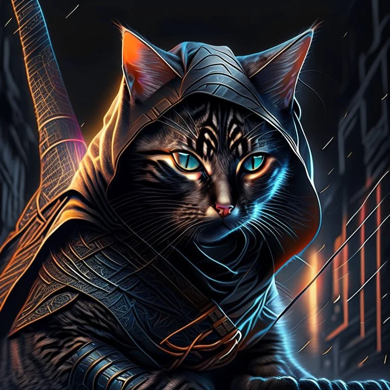 Gráfica lineal de un gato como un Ninja, calidad ultra, hiperdetallado, increíble obra de arte, 8k