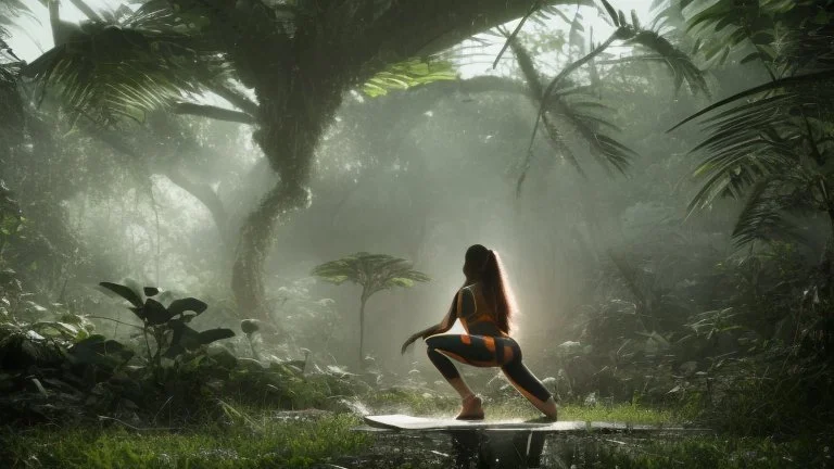 futuristic woman kneeling next to a spaceship, fixing equipment, in a jungle clearing