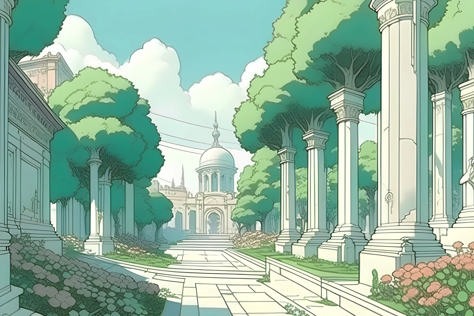 white marble ancient city street with rich vegetation, flowers, trees, fountains, greek temples by Moebius