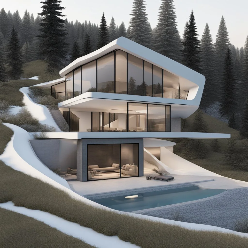 Casa campestre moderna en la montaña, minimalista, estilo Zaha Hadid, Arte de tinta, hiperdetallada, calidad ultra, 8k