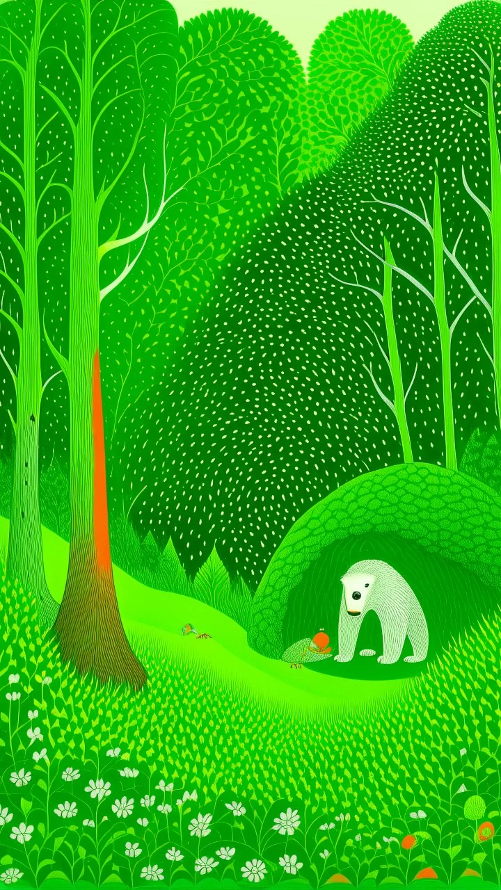 Lime green woods with a bear cave designed in Indian Gond art painted by Edward Hicks