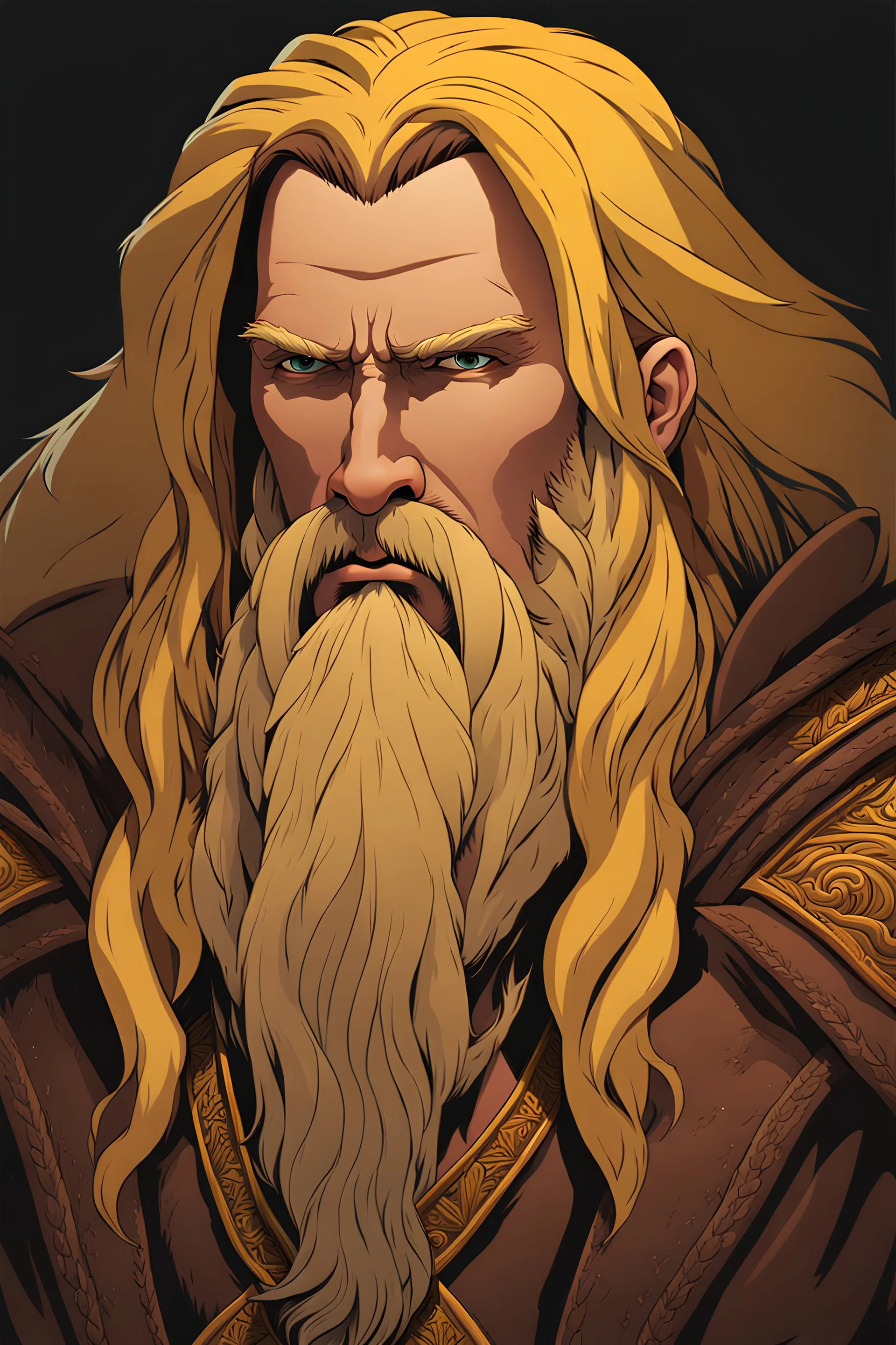 big middle aged man in a poor mans dark brown travelers cloth. he has long, unruly yellow hair and unruly yellow beard. show all of the head. anatomically correct hands. perfect hands. fantasy setting. concept art, mid shot, intricately detailed, color depth, dramatic, 2/3 face angle, side light, colorful background.