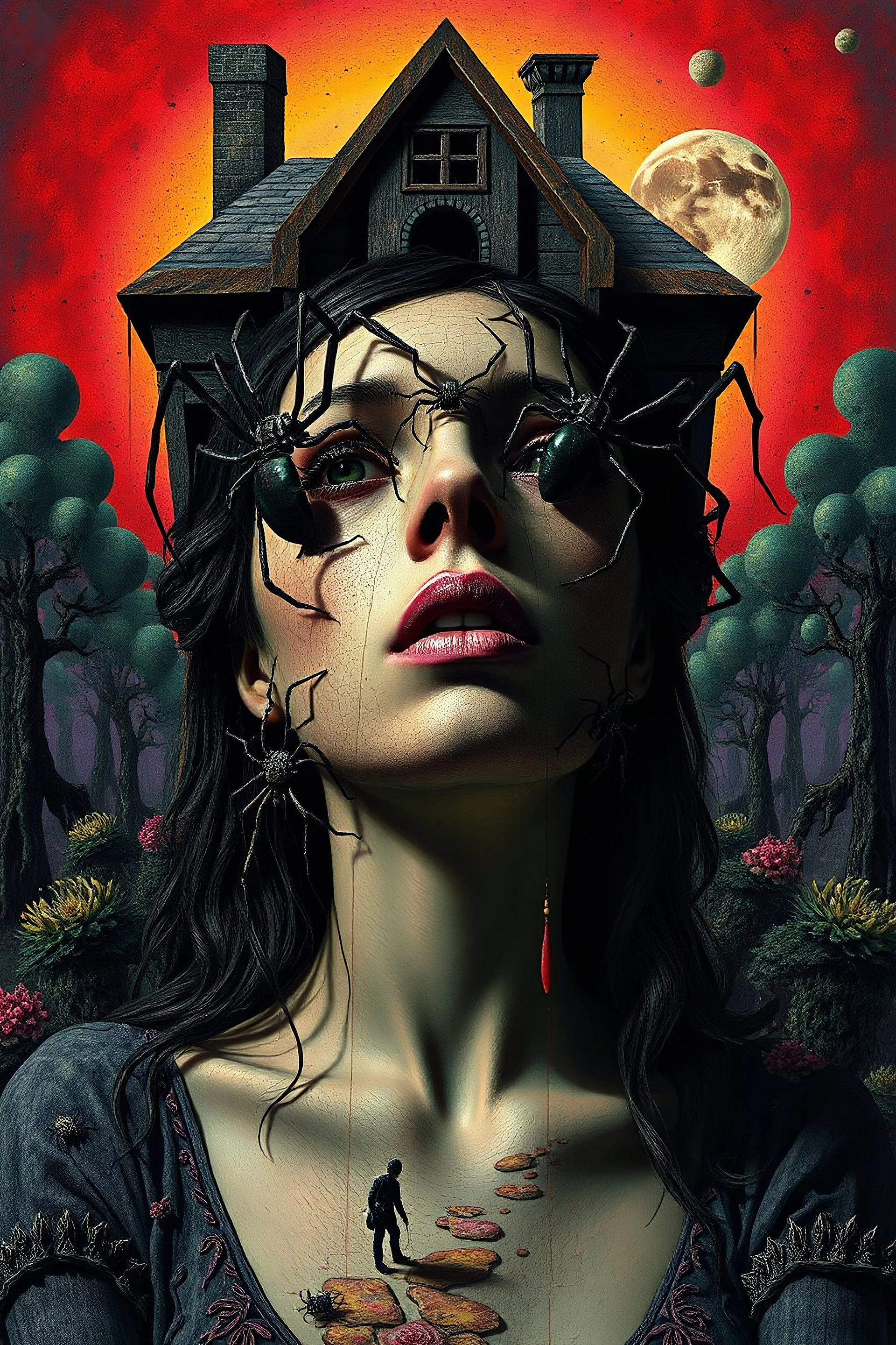 Surreais Zdzisław Beksiński, Dan Mumford style, three dimensional digital art, colorful art, eerie, horror-inspired gothic sierpinski spiders climbing on a woman's face open section house old bauhauart psyxhsdelic art background. the scene's macabre and dramatic feel. and psychedelic