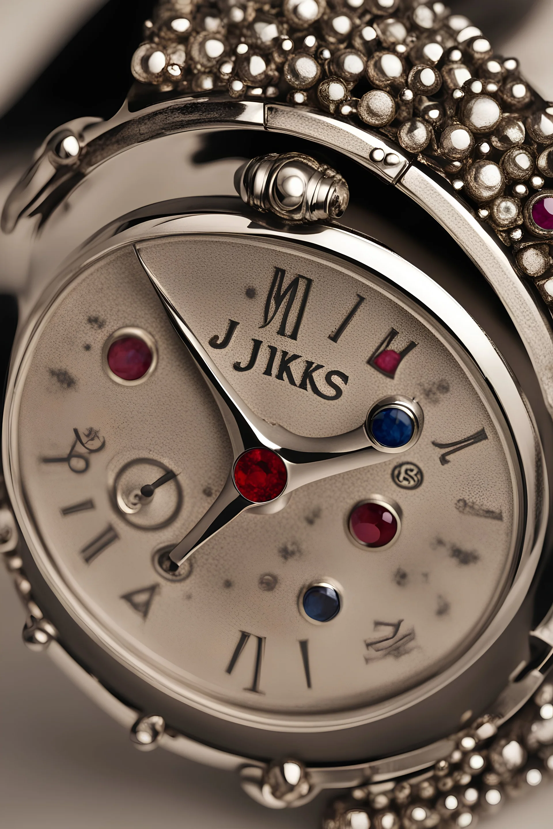 Silver wristwatch studded with precious stones containing the word jiks