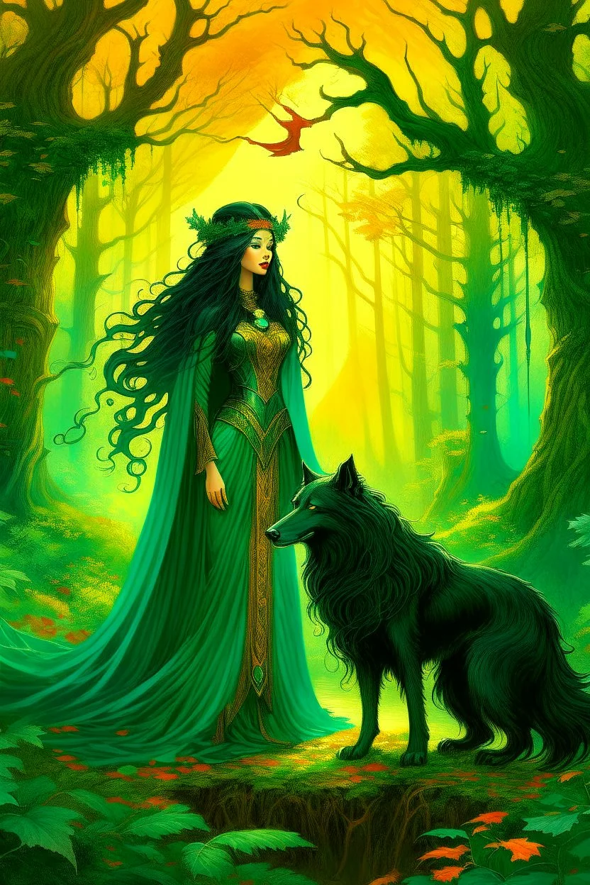 In the heart of a dense and enigmatic forest with towering ancient trees cloaked in emerald, yellow and amber foliage stood a bewitching sorceress possessing an ethereal allure her lustrous hair cascading in ebony waves down to her slender waist that turns into roots In the background a faithful companion a majestic canine of Belgian shepherd lineage roamed at her side its eyes illuminated by an otherworldly crimson glow exuding an aura both mysterious and demonic