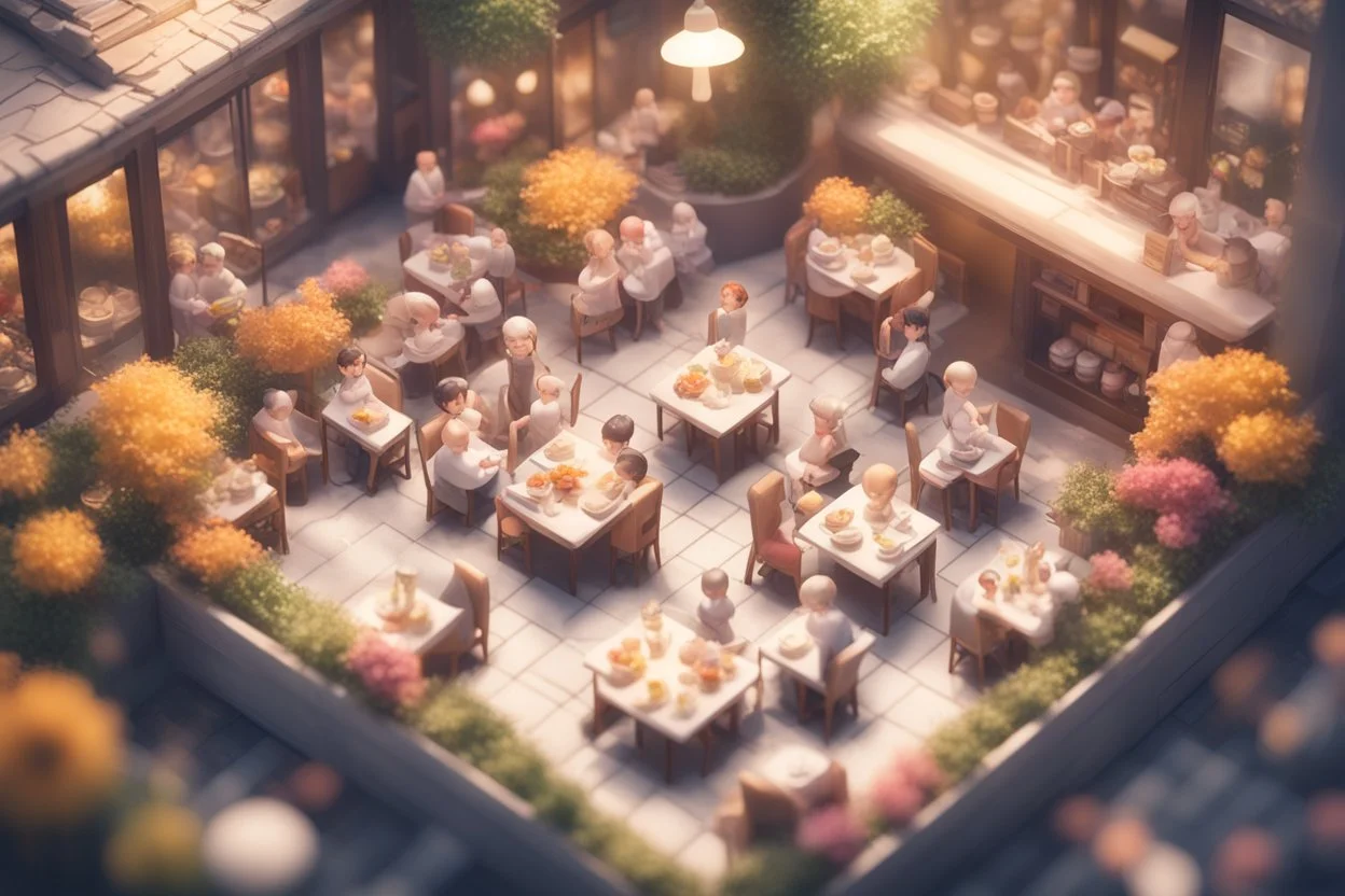 top view of a miniature restaurant scene with cute chibi anime guests and waiters, meal, flowers S<AI in sunshine, photorealistic, 3D, ethereal, cinematic postprocessing, bokeh, dof